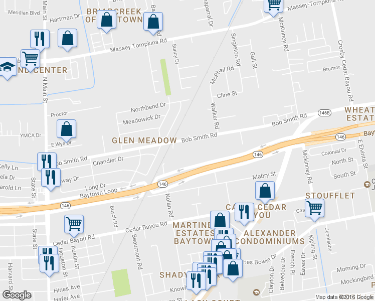 map of restaurants, bars, coffee shops, grocery stores, and more near 909 Bob Smith Road in Baytown
