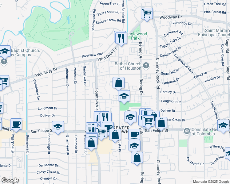 map of restaurants, bars, coffee shops, grocery stores, and more near 5804 Valley Forge Drive in Houston