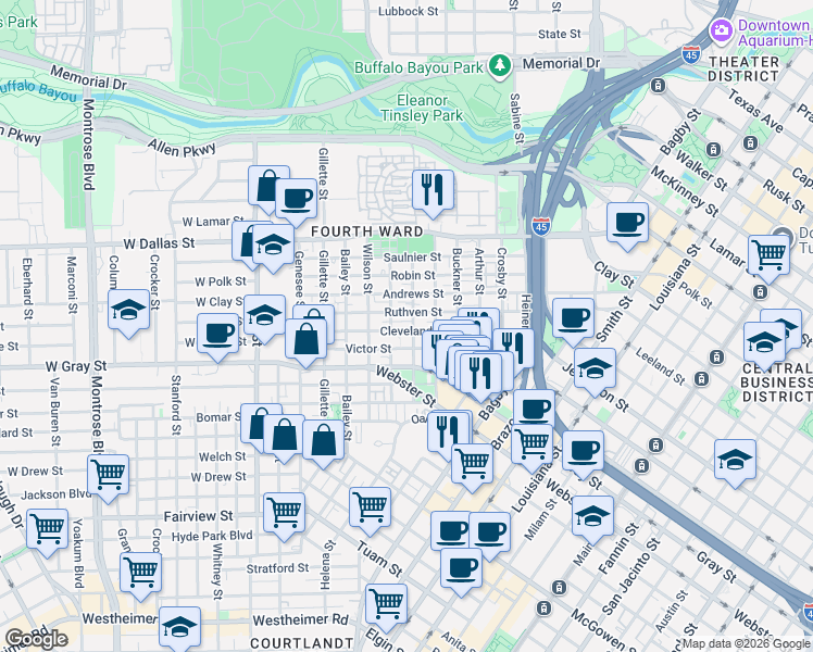 map of restaurants, bars, coffee shops, grocery stores, and more near 1206 Cleveland Street in Houston