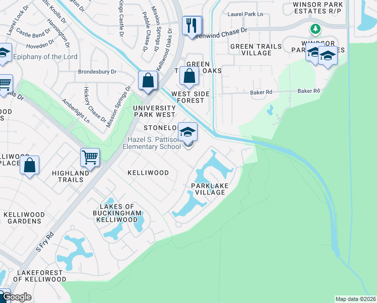 map of restaurants, bars, coffee shops, grocery stores, and more near 1730 Parklake Village Drive in Katy