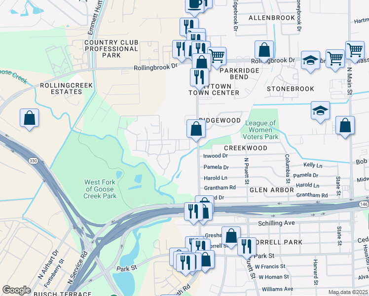 map of restaurants, bars, coffee shops, grocery stores, and more near 811 Northwood Street in Baytown
