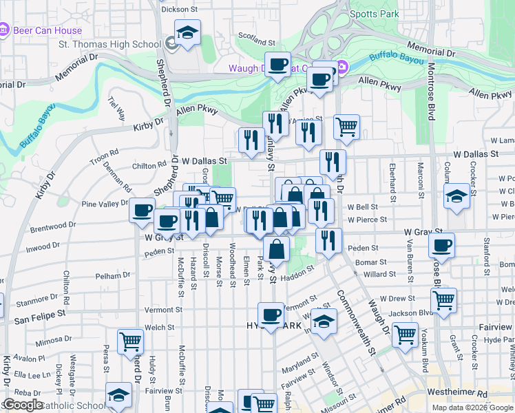 map of restaurants, bars, coffee shops, grocery stores, and more near 1915 West Bell Street in Houston