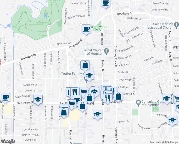 map of restaurants, bars, coffee shops, grocery stores, and more near 1300 Augusta Drive in Houston