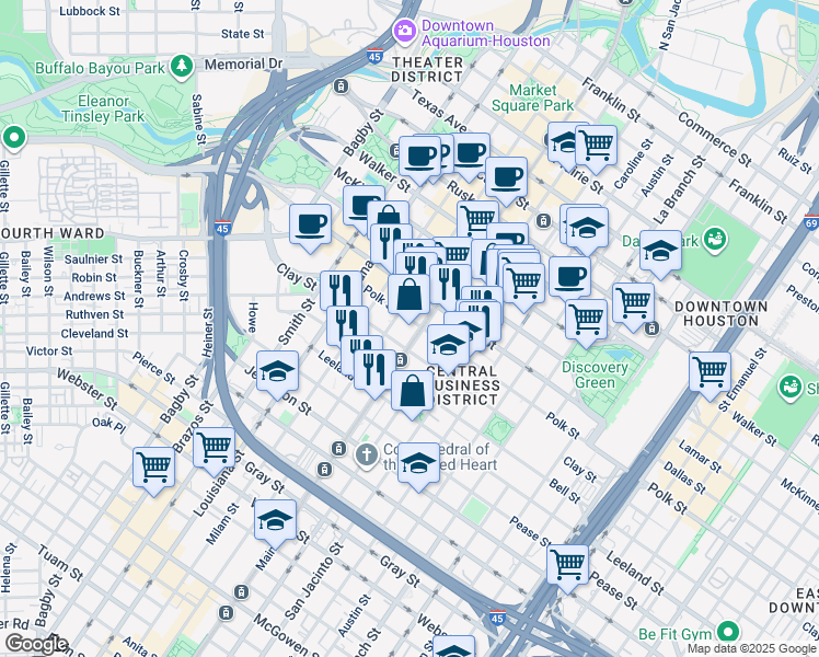 map of restaurants, bars, coffee shops, grocery stores, and more near 1313 Main street in Houston