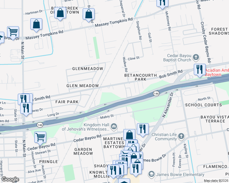 map of restaurants, bars, coffee shops, grocery stores, and more near 909 Bob Smith Road in Baytown
