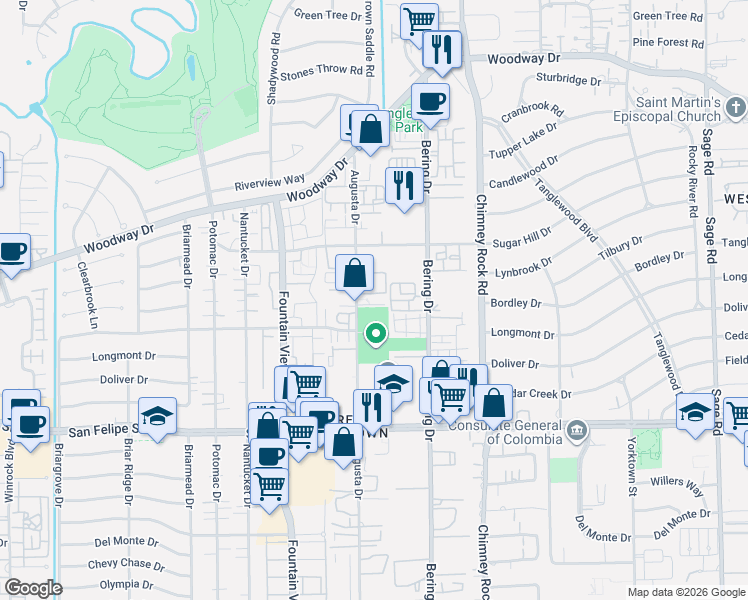 map of restaurants, bars, coffee shops, grocery stores, and more near 1114 Augusta Drive in Houston