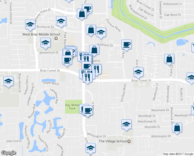 map of restaurants, bars, coffee shops, grocery stores, and more near 13346 Briar Forest Drive in Houston