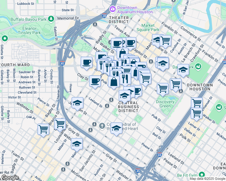 map of restaurants, bars, coffee shops, grocery stores, and more near 1300 Main street in Houston