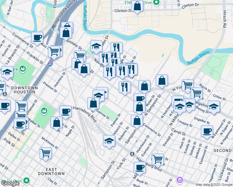 map of restaurants, bars, coffee shops, grocery stores, and more near 2802 Canal Street in Houston