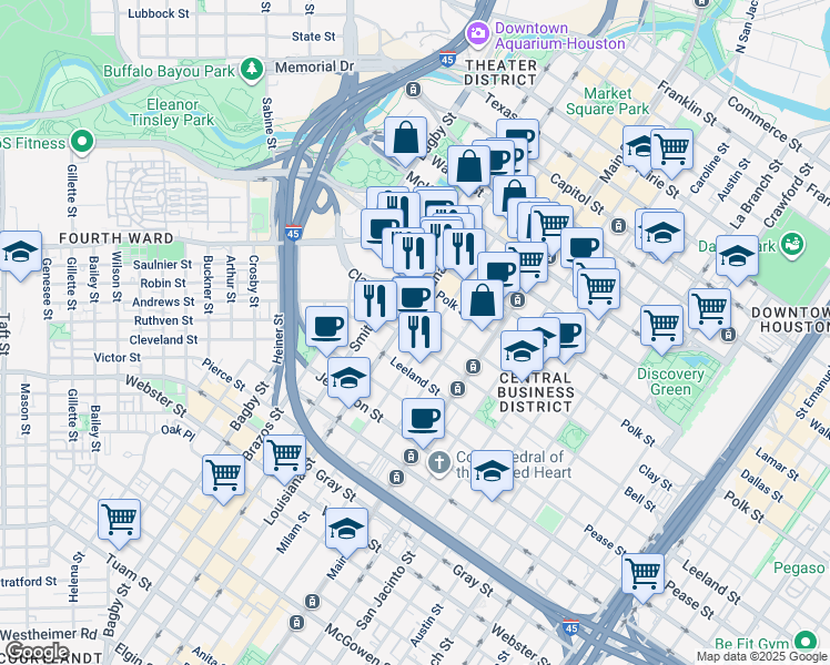 map of restaurants, bars, coffee shops, grocery stores, and more near in Houston