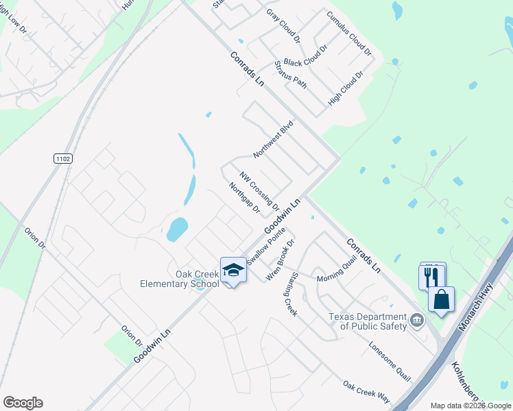 map of restaurants, bars, coffee shops, grocery stores, and more near 635 Northwest Crossing Drive in New Braunfels