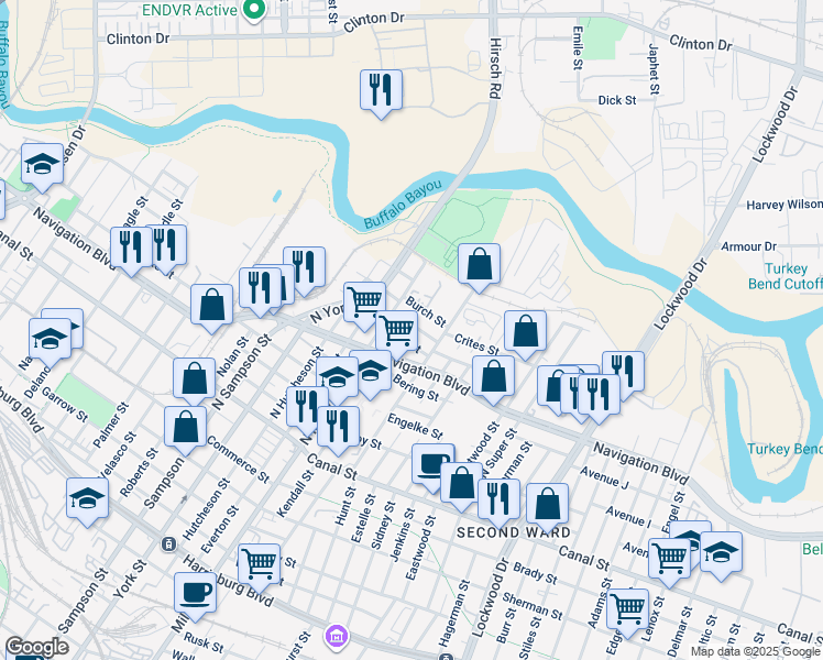 map of restaurants, bars, coffee shops, grocery stores, and more near 3814 Burch Street in Houston