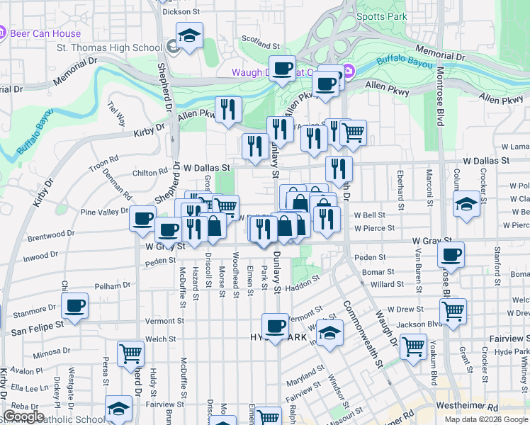 map of restaurants, bars, coffee shops, grocery stores, and more near 1920 West Clay Street in Houston