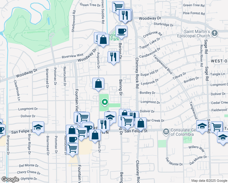map of restaurants, bars, coffee shops, grocery stores, and more near 1010 Bering Drive in Houston