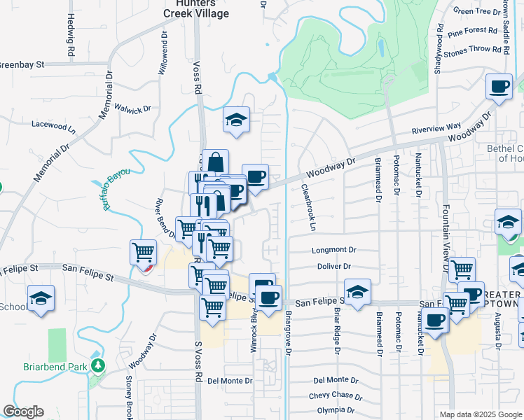 map of restaurants, bars, coffee shops, grocery stores, and more near 6375 Woodway Drive in Houston