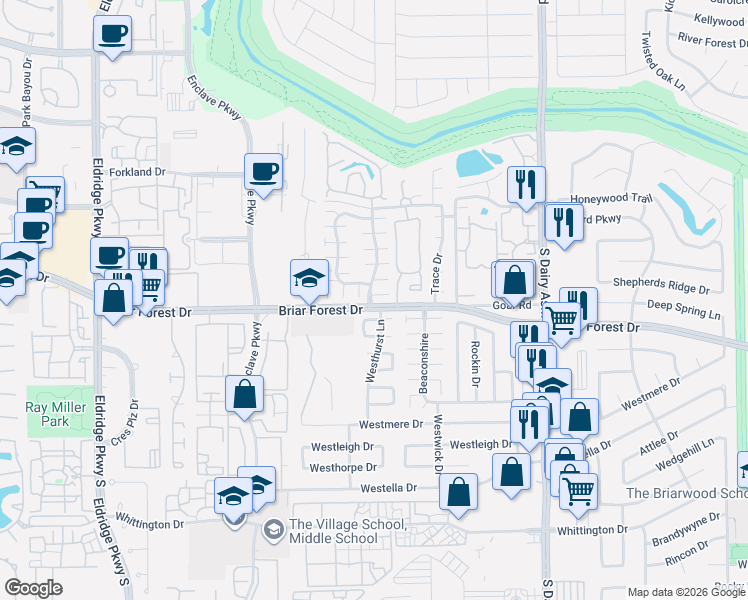 map of restaurants, bars, coffee shops, grocery stores, and more near 15 East Burford Street in Houston