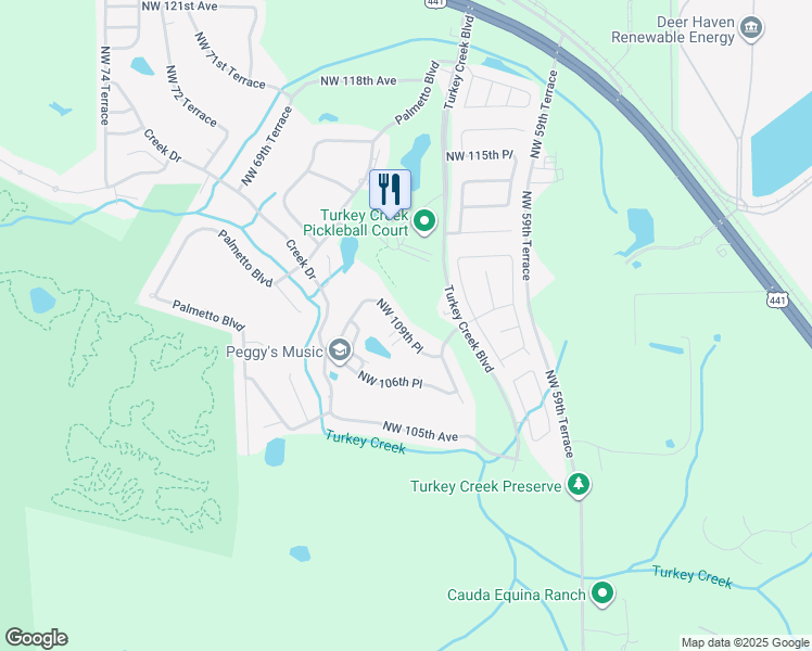 map of restaurants, bars, coffee shops, grocery stores, and more near 6446 Northwest 109th Place in Alachua