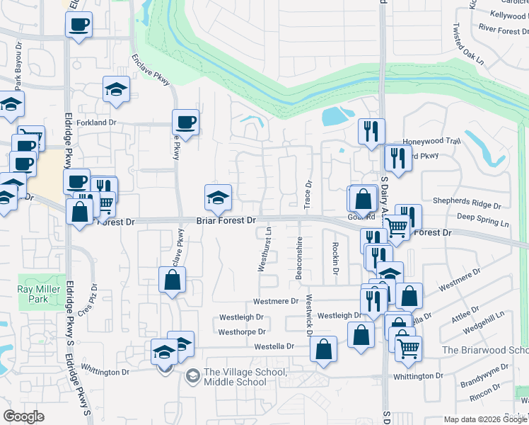 map of restaurants, bars, coffee shops, grocery stores, and more near 15 East Burford Street in Houston