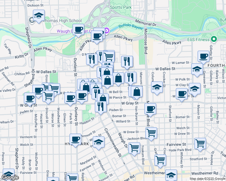 map of restaurants, bars, coffee shops, grocery stores, and more near 1324 West Clay Street in Houston