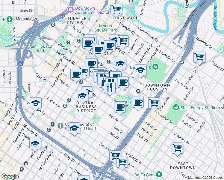 map of restaurants, bars, coffee shops, grocery stores, and more near 1401 McKinney Street in Houston