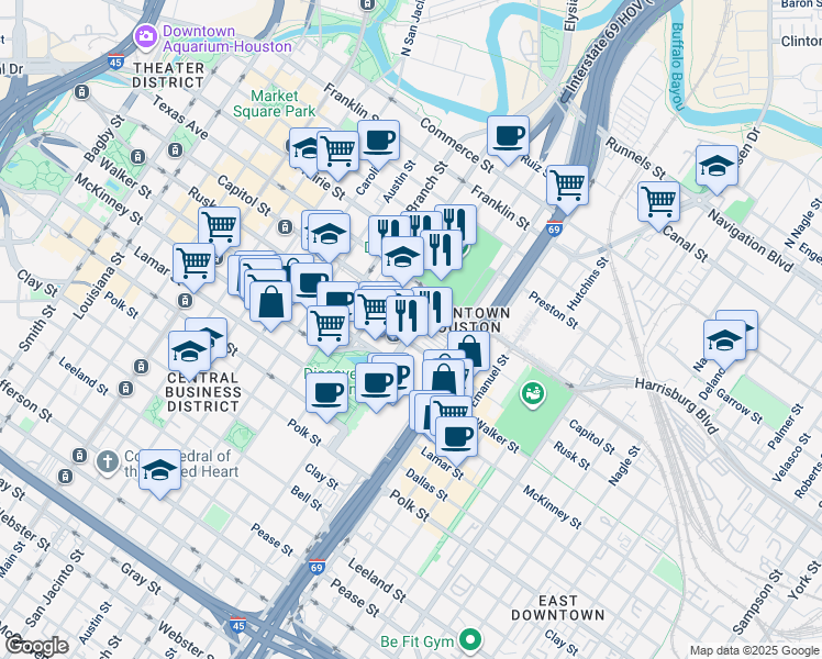 map of restaurants, bars, coffee shops, grocery stores, and more near 701 Avenida De Las Americas in Houston