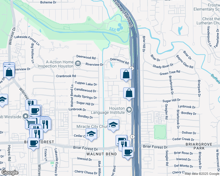 map of restaurants, bars, coffee shops, grocery stores, and more near 10590 Holly Point Drive in Houston