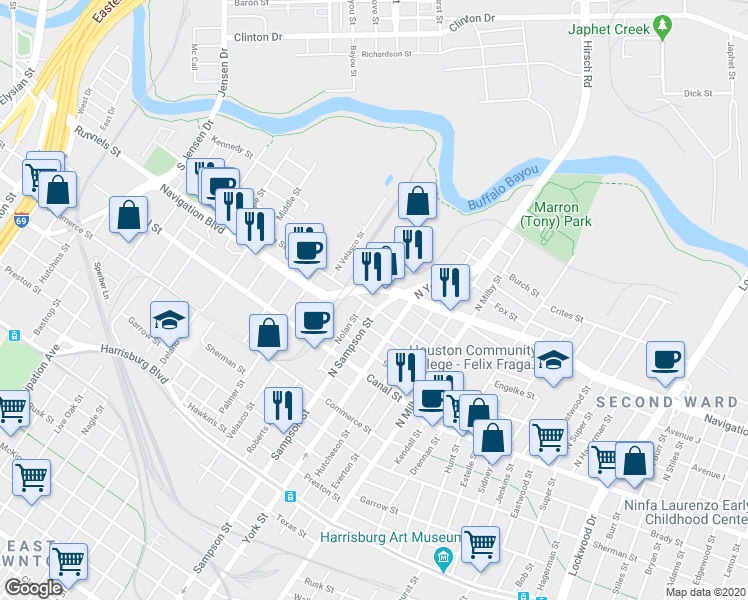 map of restaurants, bars, coffee shops, grocery stores, and more near 3306 Navigation Boulevard in Houston