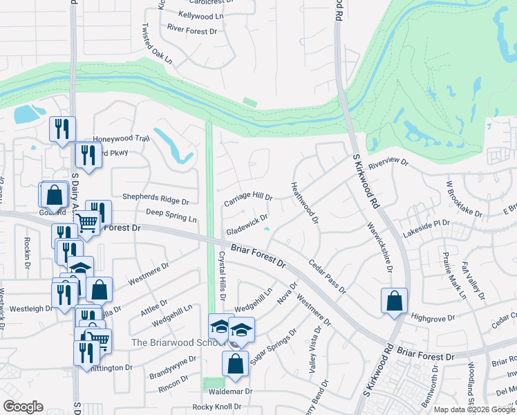 map of restaurants, bars, coffee shops, grocery stores, and more near 12119 Carriage Hill Drive in Houston