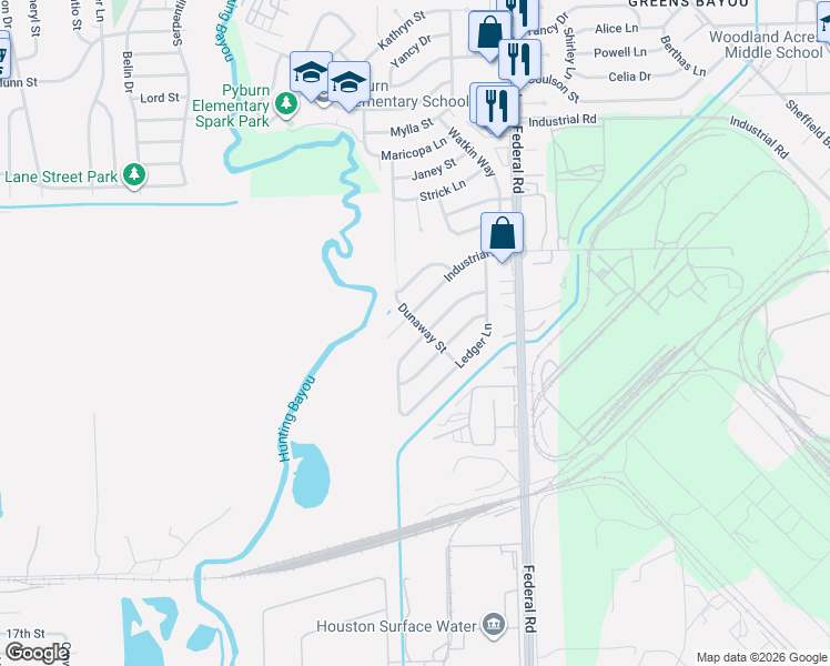map of restaurants, bars, coffee shops, grocery stores, and more near 12402 Industrial Road in Houston