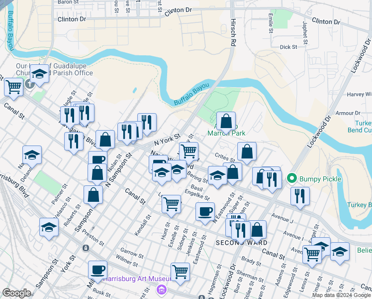 map of restaurants, bars, coffee shops, grocery stores, and more near 3814 Burch Street in Houston