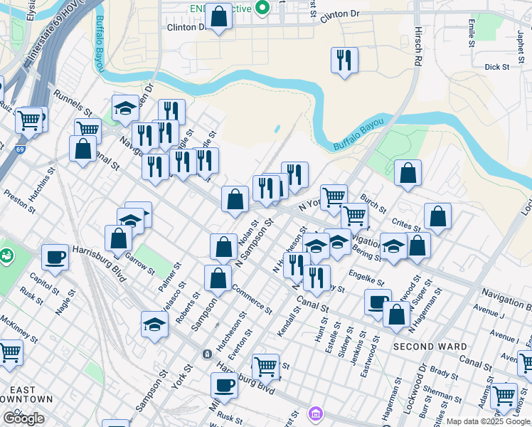 map of restaurants, bars, coffee shops, grocery stores, and more near 3306 Navigation Boulevard in Houston