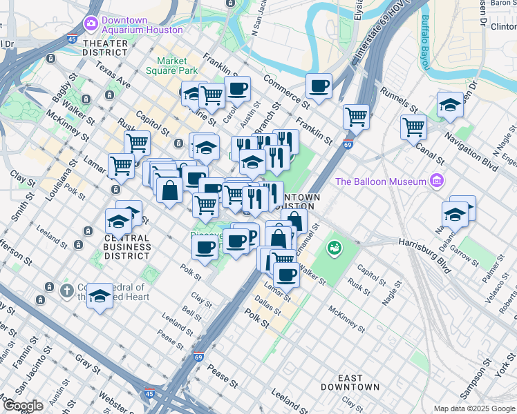 map of restaurants, bars, coffee shops, grocery stores, and more near 1707 Capitol Street in Houston