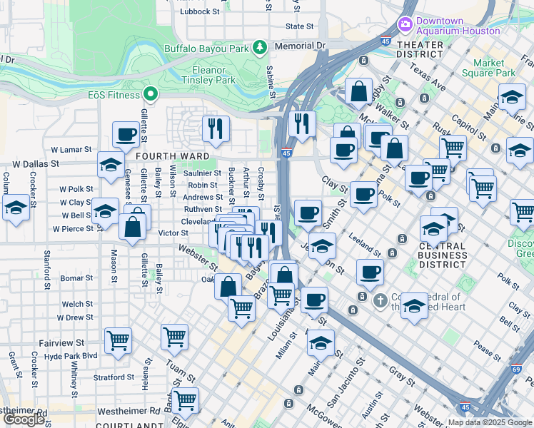 map of restaurants, bars, coffee shops, grocery stores, and more near 715 Andrews Street in Houston