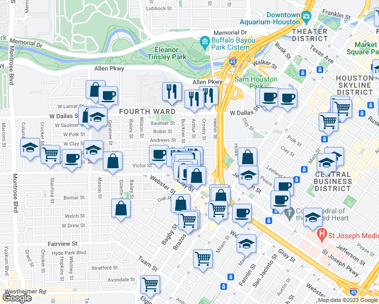 map of restaurants, bars, coffee shops, grocery stores, and more near 921 Andrews Street in Houston