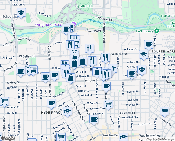 map of restaurants, bars, coffee shops, grocery stores, and more near 1226 West Clay Street in Houston