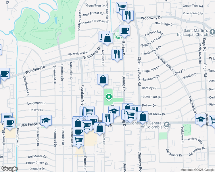 map of restaurants, bars, coffee shops, grocery stores, and more near 1114 Augusta Drive in Houston