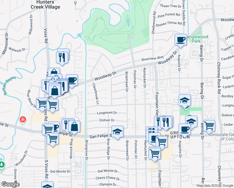 map of restaurants, bars, coffee shops, grocery stores, and more near 6146 Lynbrook Drive in Houston