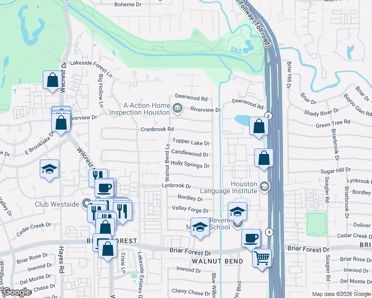 map of restaurants, bars, coffee shops, grocery stores, and more near 10626 Tupper Lake Drive in Houston