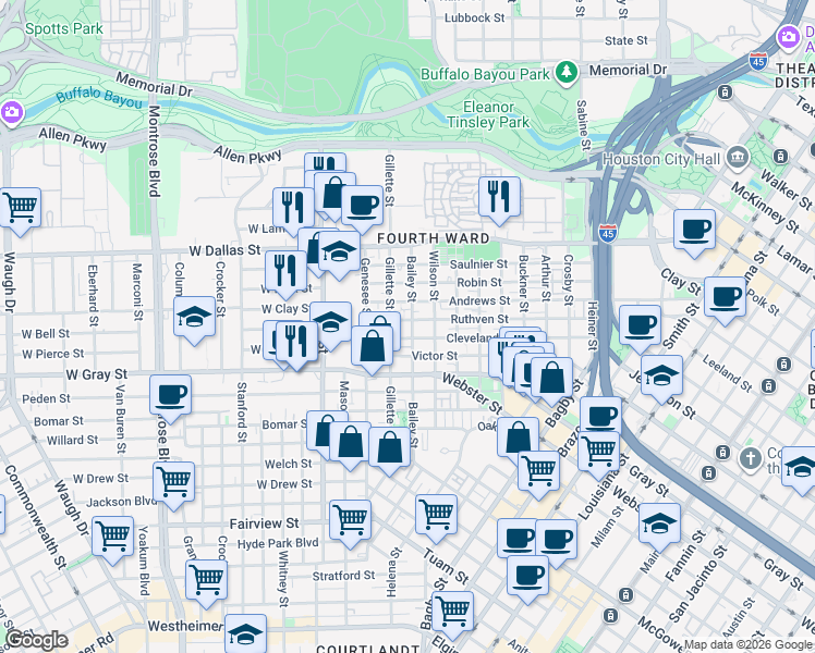 map of restaurants, bars, coffee shops, grocery stores, and more near 1315 Bailey Street in Houston