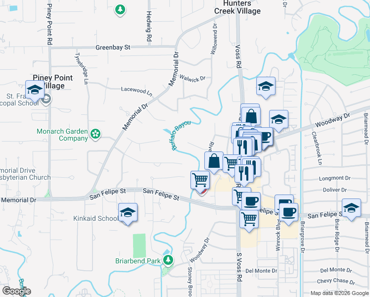 map of restaurants, bars, coffee shops, grocery stores, and more near 7622 River Point Drive in Houston