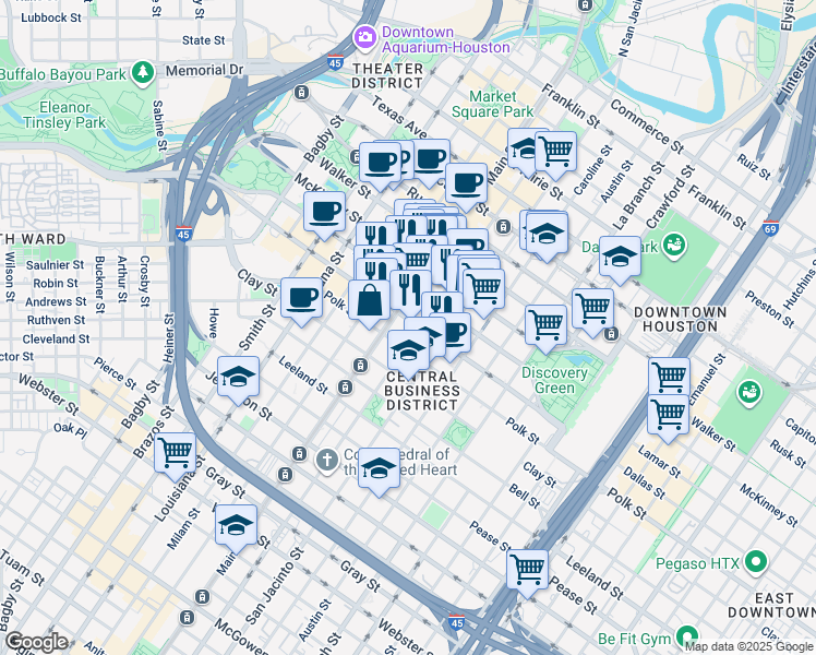 map of restaurants, bars, coffee shops, grocery stores, and more near 1111 Main street in Houston