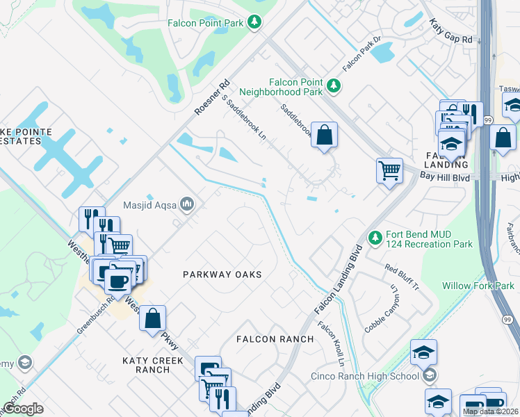 map of restaurants, bars, coffee shops, grocery stores, and more near 3 Azure Lake Court in Katy