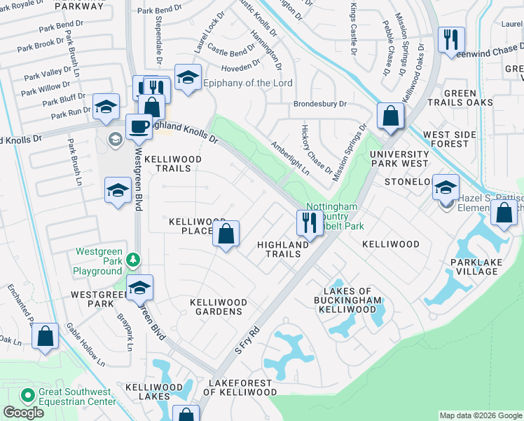 map of restaurants, bars, coffee shops, grocery stores, and more near 20418 Autumn Terrace Lane in Katy