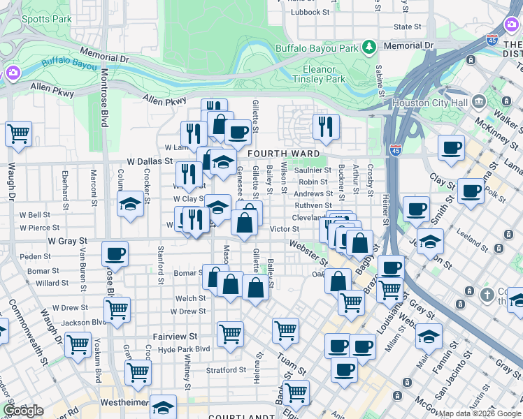 map of restaurants, bars, coffee shops, grocery stores, and more near 1315 Bailey Street in Houston