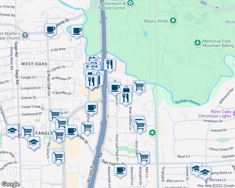 map of restaurants, bars, coffee shops, grocery stores, and more near 1301 Post Oak Park Drive in Houston