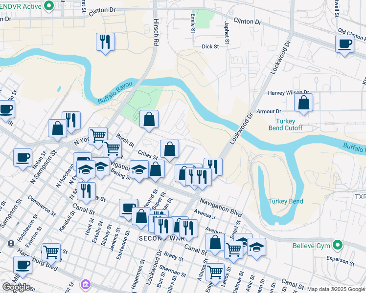 map of restaurants, bars, coffee shops, grocery stores, and more near 713 North Eastwood Street in Houston