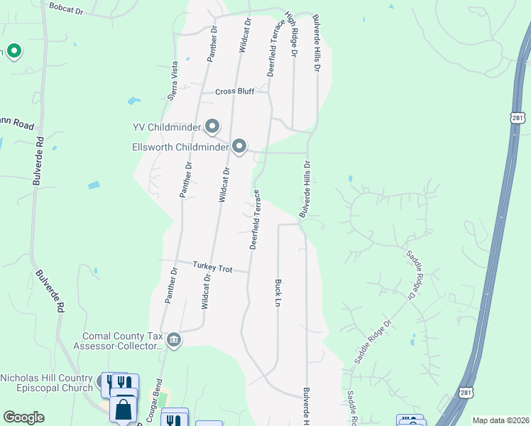 map of restaurants, bars, coffee shops, grocery stores, and more near 31024 Deerfield Terrace in Bulverde