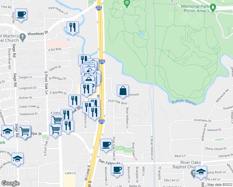 map of restaurants, bars, coffee shops, grocery stores, and more near 1317 Post Oak Park Drive in Houston