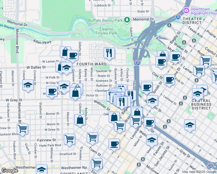 map of restaurants, bars, coffee shops, grocery stores, and more near 1107 Andrews Street in Houston