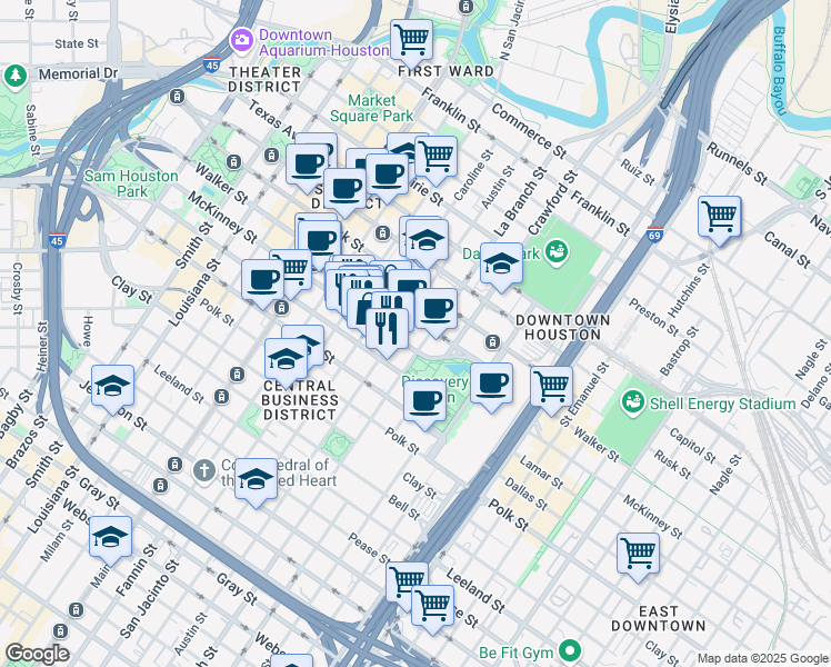 map of restaurants, bars, coffee shops, grocery stores, and more near 1301 McKinney Street in Houston